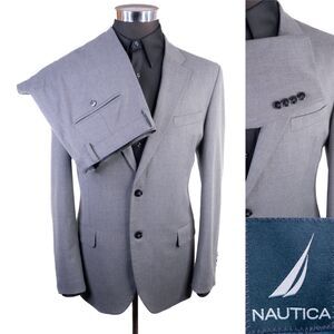 Nautica 2-Pcs Men's Solid Gray Suit Blazer Jacket Sz 42R Pants 36x28 Poly blend